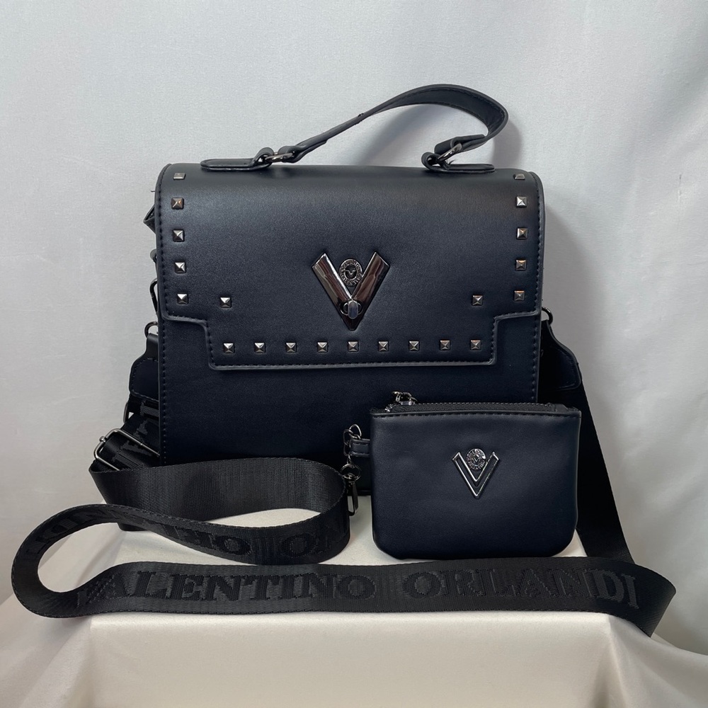 Valentino Orlandi Black Studded Crossbody Handbag with Coin / Accessories Pouch